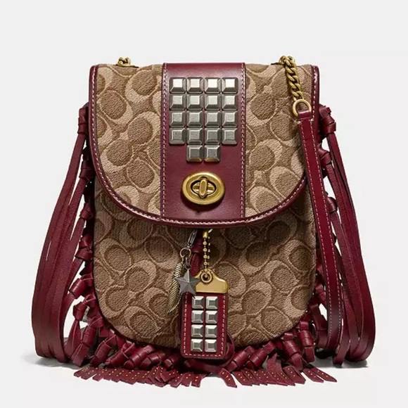 Coach Fringe Saddle Bag In Signature Jacquard With Pyramid Rivets - Picture 14 of 14